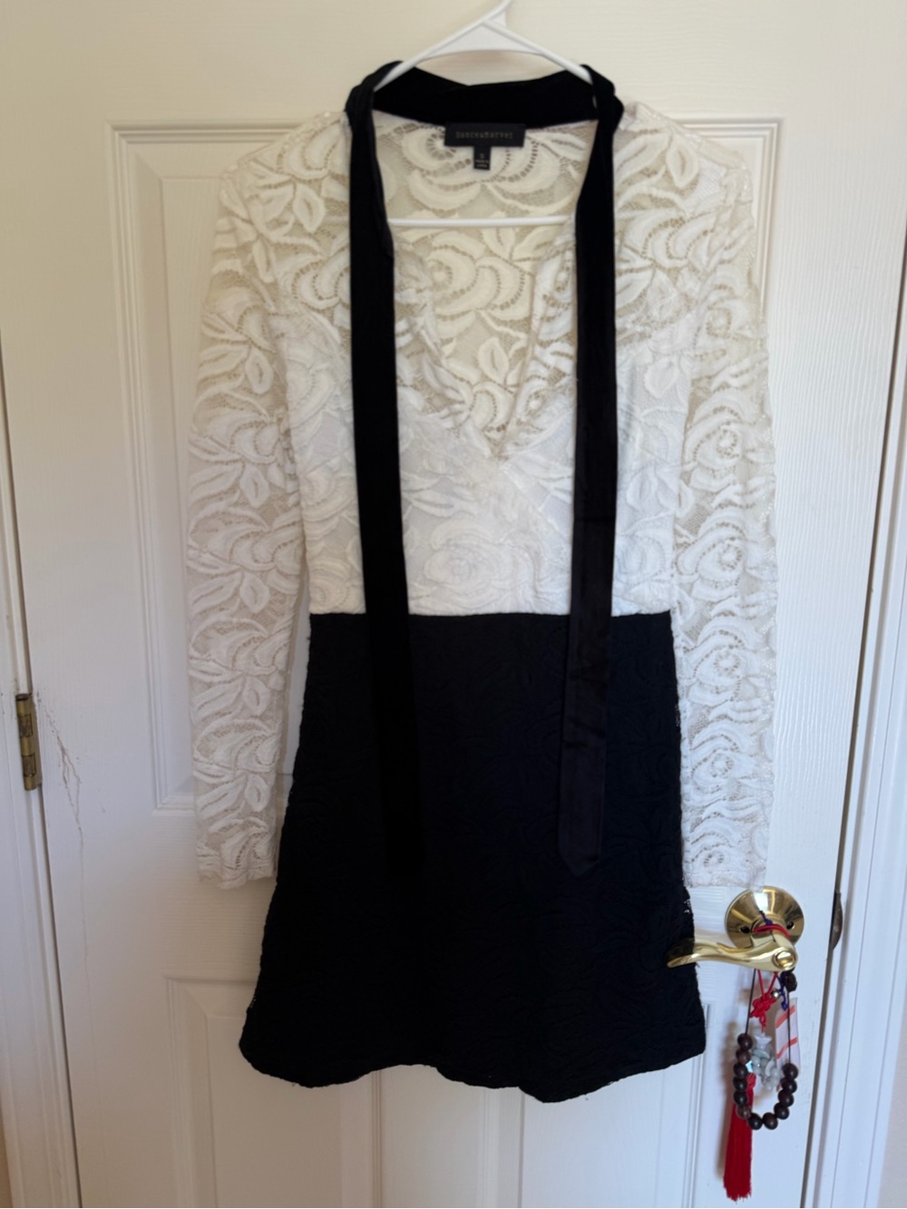Dance & Marvel Black and White Lace Long Sleeve Dress with Satin Tie
